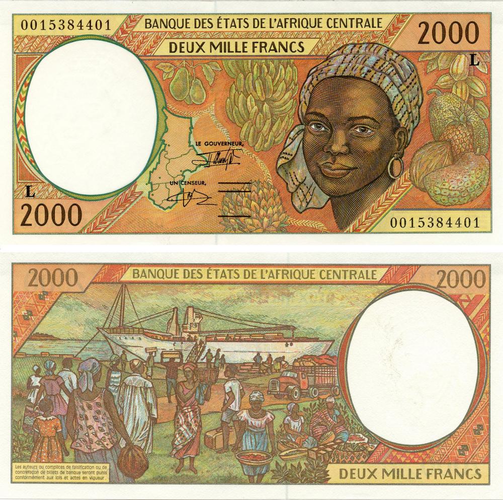 Коллекционная банкнота Центральная Африка 2000 франков 2000 L Габон UNC P403Lg (Б06259)