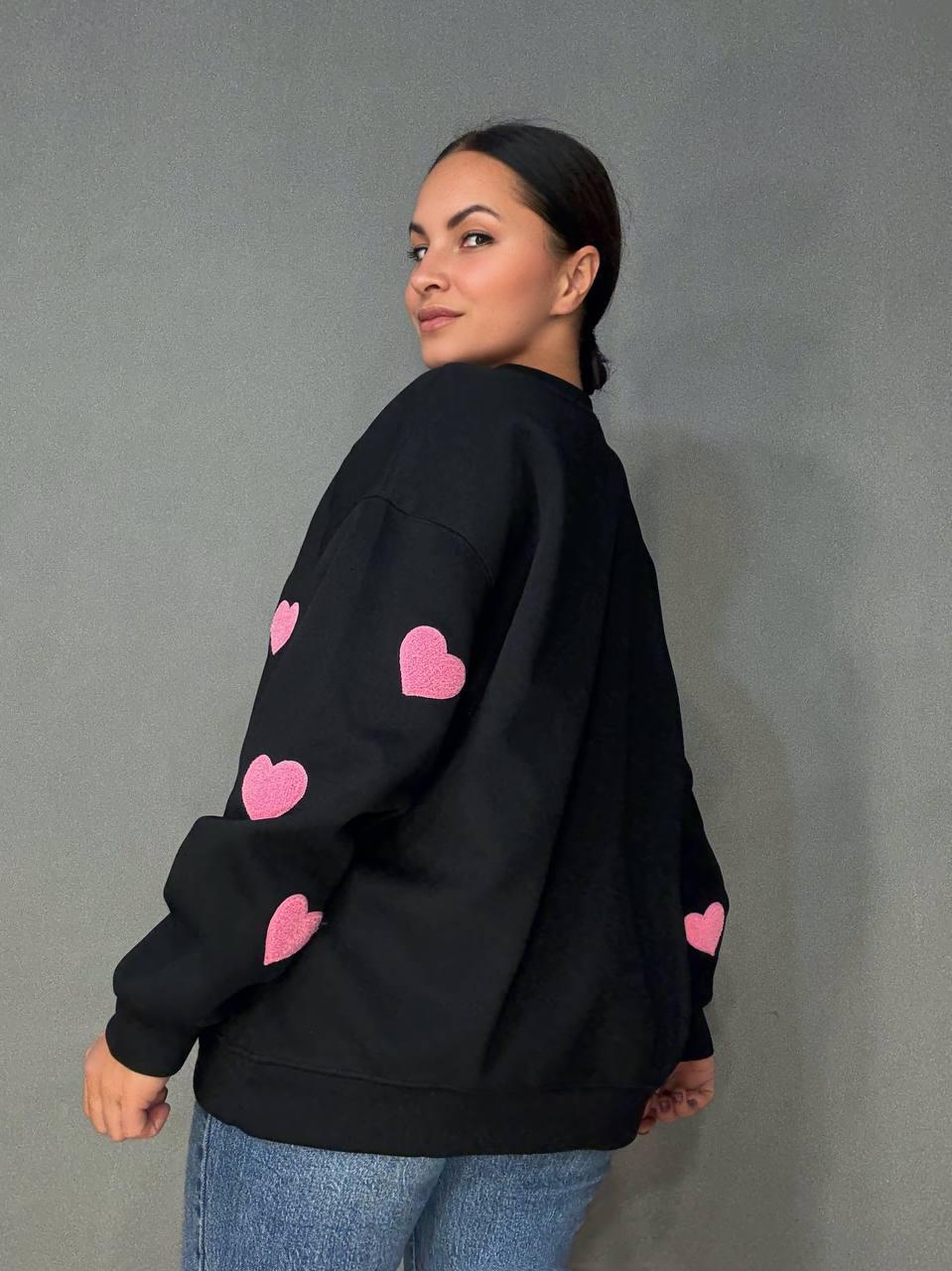 Свитшот женский W 2975 удлиненный махровые сердца OS Черный (2407) - фото 4 Свитшот женский W 2975 удлиненный махровые сердца OS Черный (2407) - фото 4