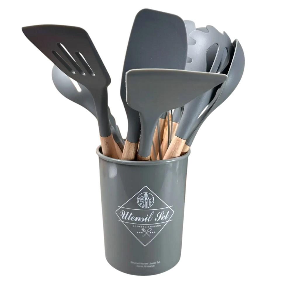 Кухонный набор Stenson R92025 из силикона и дерева 12 предметов Серый (620439)
