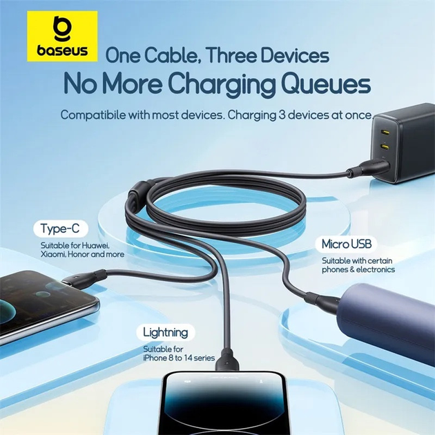 Кабель Baseus Ultra-Fast 3in1 Fast Charging Cable USB для MicroUSB+Lightning+Type-C 3.5A 0.8m P10376303121-01 Black - фото 5 Кабель Baseus Ultra-Fast 3in1 Fast Charging Cable USB для MicroUSB+Lightning+Type-C 3.5A 0.8m P10376303121-01 Black - фото 5