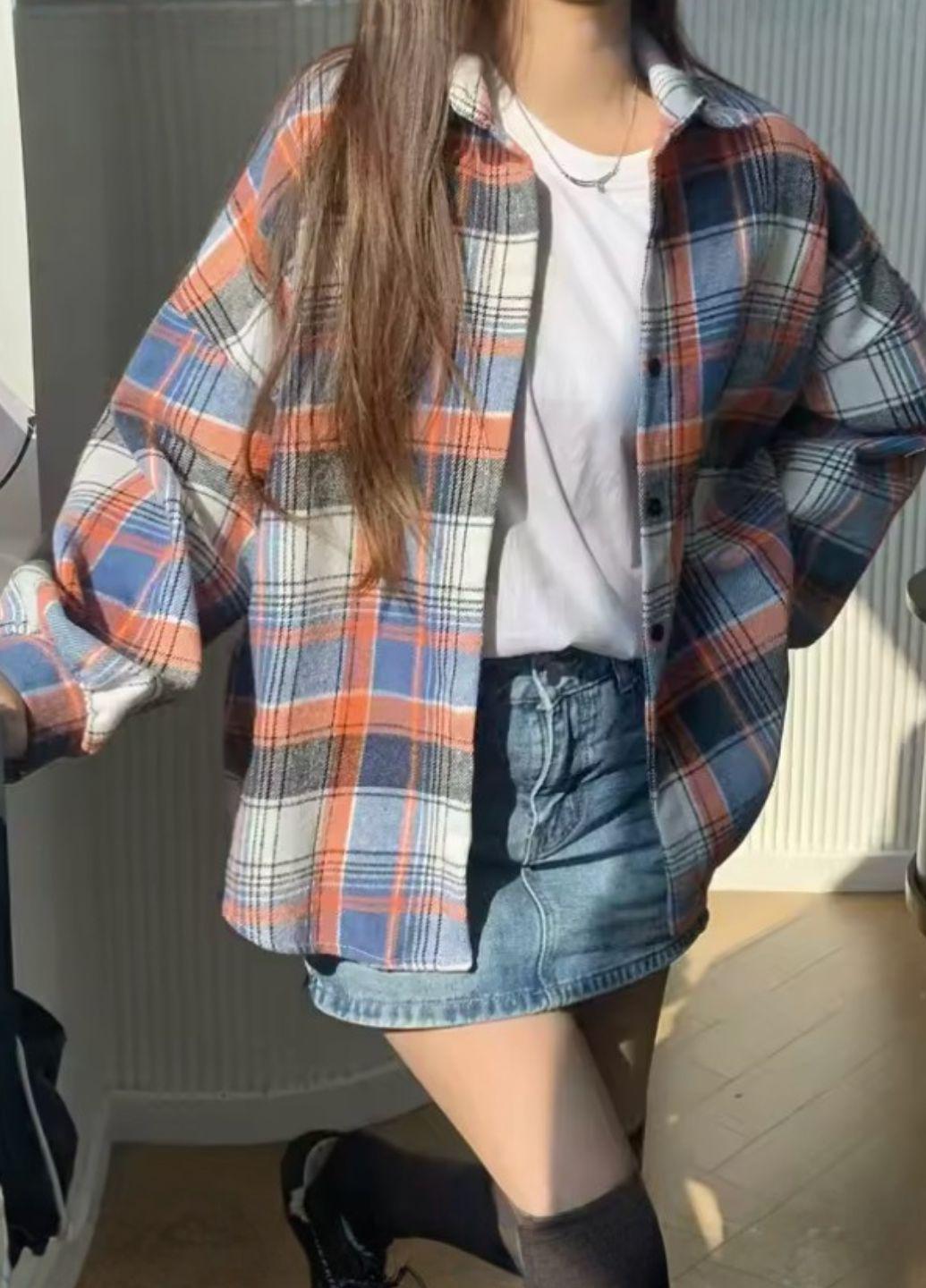 Рубашка женская Oversize в оранжевую клеточку G&N 22865 L Серый