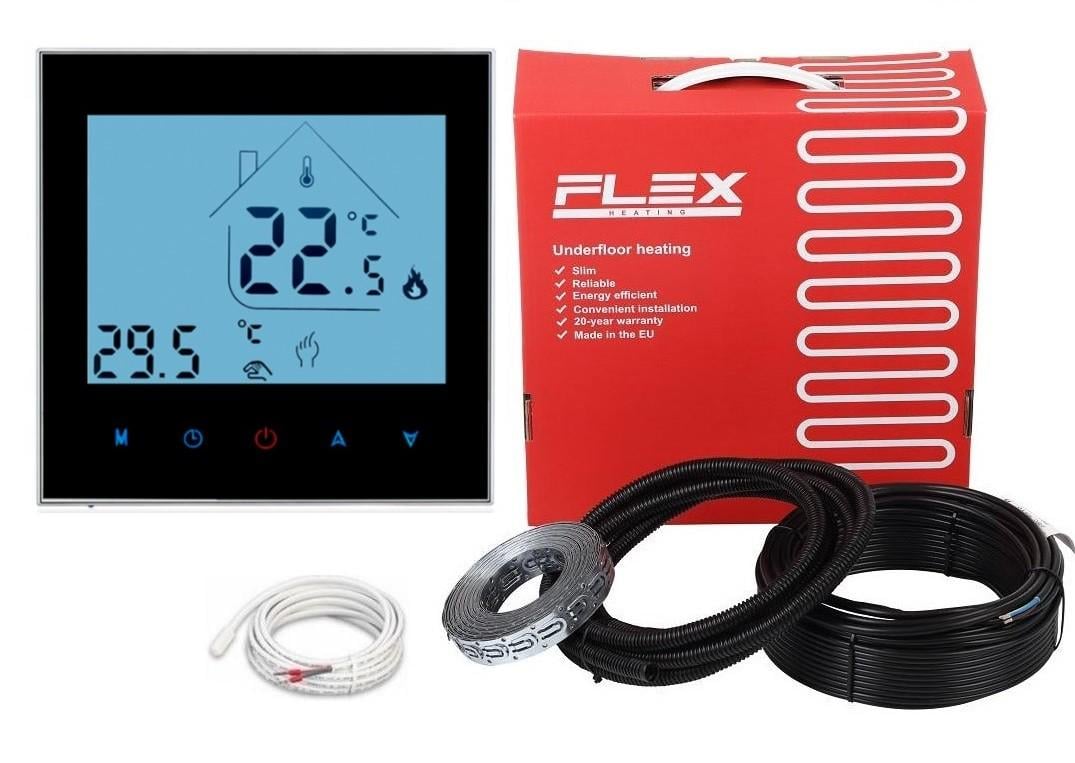 Кабель нагревательный FLEX 8 м²-9,6 м²/1400 Вт/80 м с программируемым черным терморегулятором AC605H