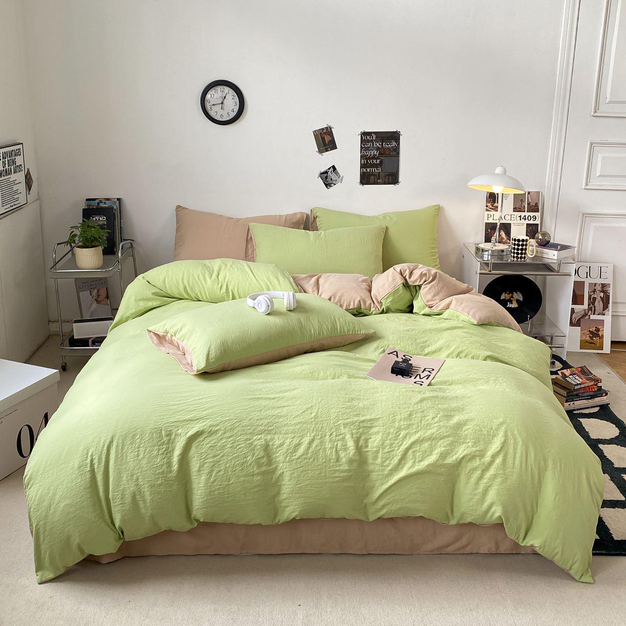 Комплект постельного белья Тень сатин евро/наволочки 50х70/70х70 см Зеленый/Бежевый (6834) - фото 1