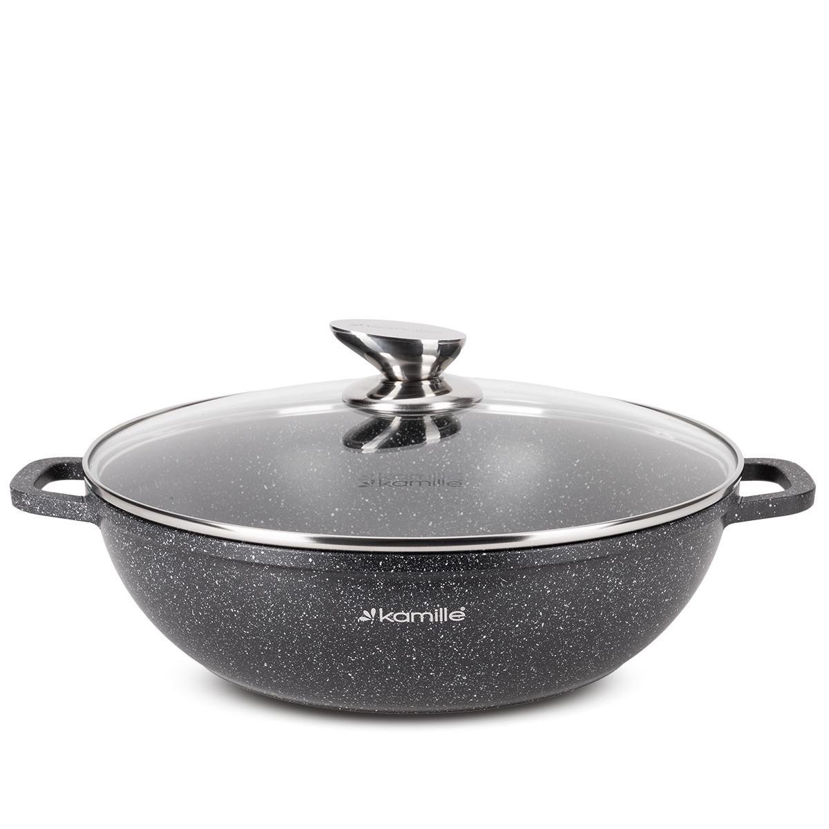 Кастрюля-вок со стеклянной крышкой и антипригарным покрытием Kamille КМ-4485 из литого алюминия 4 л Черный мрамор (150-84-4485)