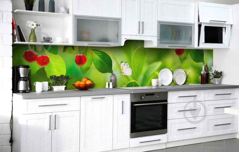 Скинали на кухню Zatarga «Порхающая в вишнях» 650х2500 мм виниловая 3Д наклейка кухонный фартук самоклеящаяся