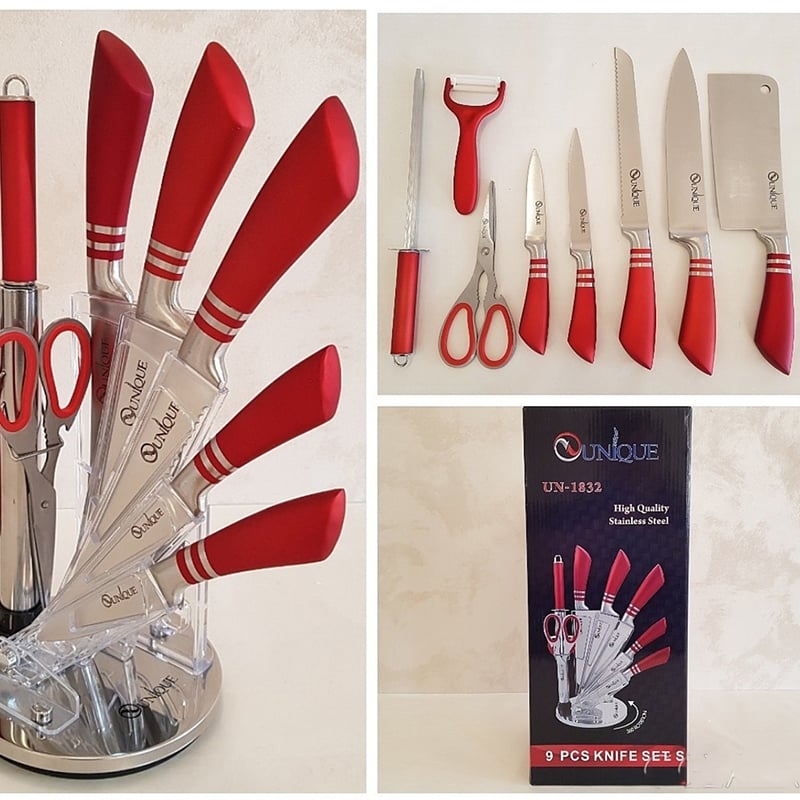 Набір ножів кухонних Unique UN-1832 нержавіюча сталь з підставкою 9 пр. Red (23793638) - фото 8 Набір ножів кухонних Unique UN-1832 нержавіюча сталь з підставкою 9 пр. Red (23793638) - фото 8