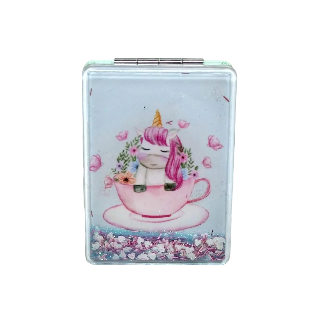 Косметическое зеркало Единорог с жидкими блестками 8,4х6 см Голубой (ST23-128-4)