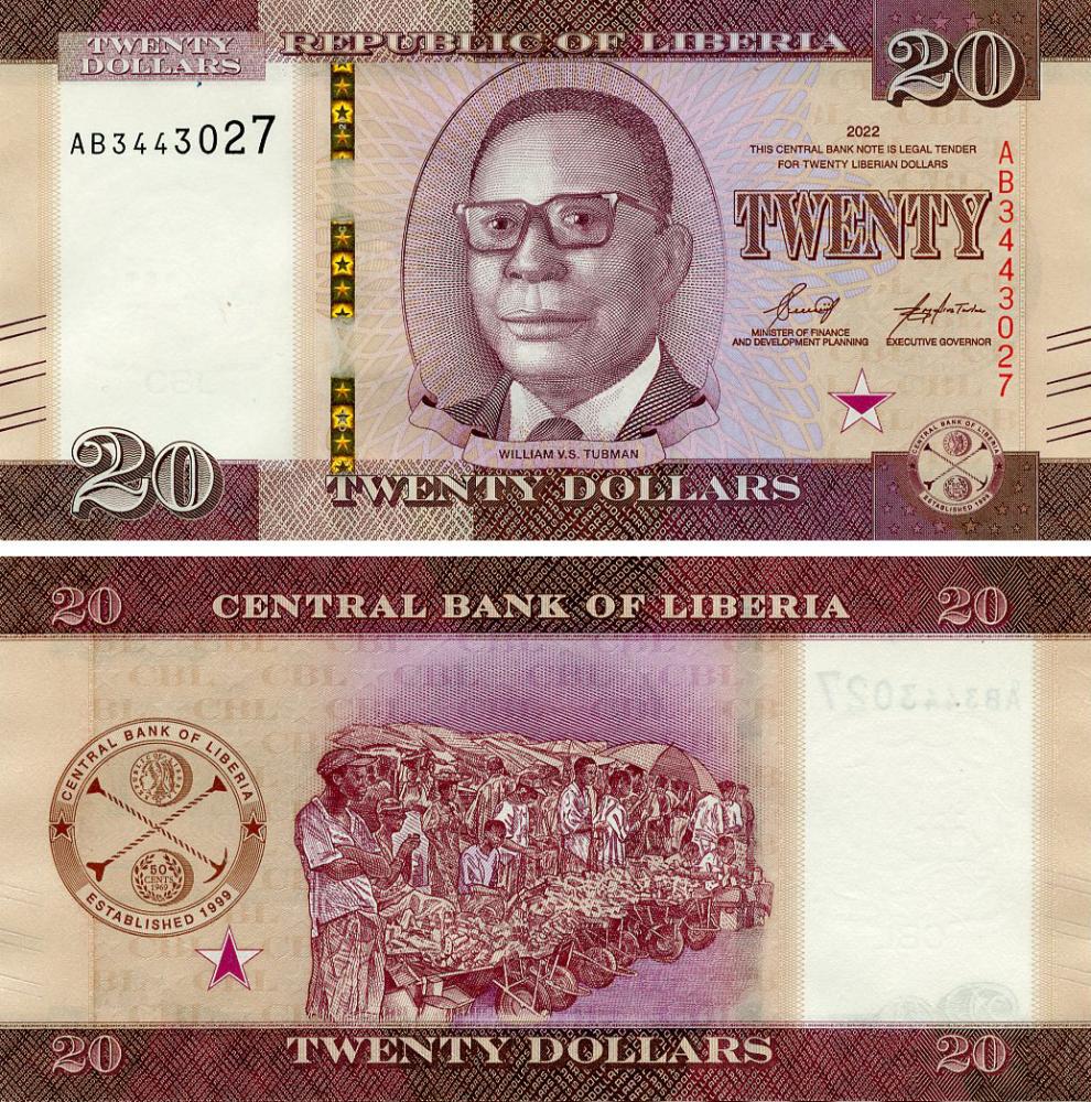 Коллекционная банкнота Либерия 20 долларов 2022 UNC (PW39)