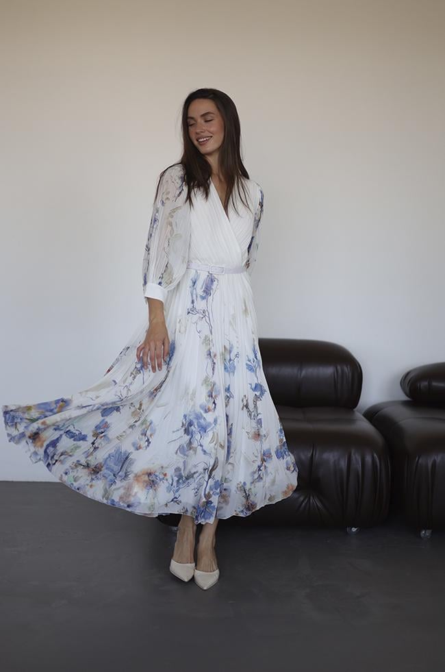 Платье Lipar 3734 плиссе с V-образным вырезом принт цветы р. 48 Молочный (16907470)