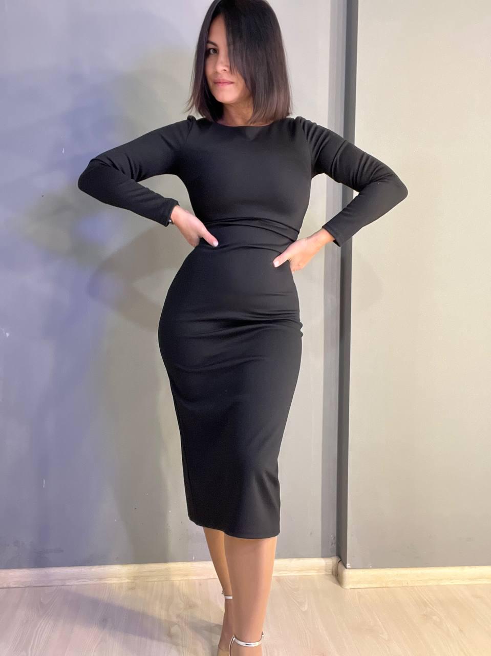 Сукня жіноча Azuri 6583 з довгим рукавом та драпіруванням на талії розрізом позаду стрейчева міді XL Чорний (540)