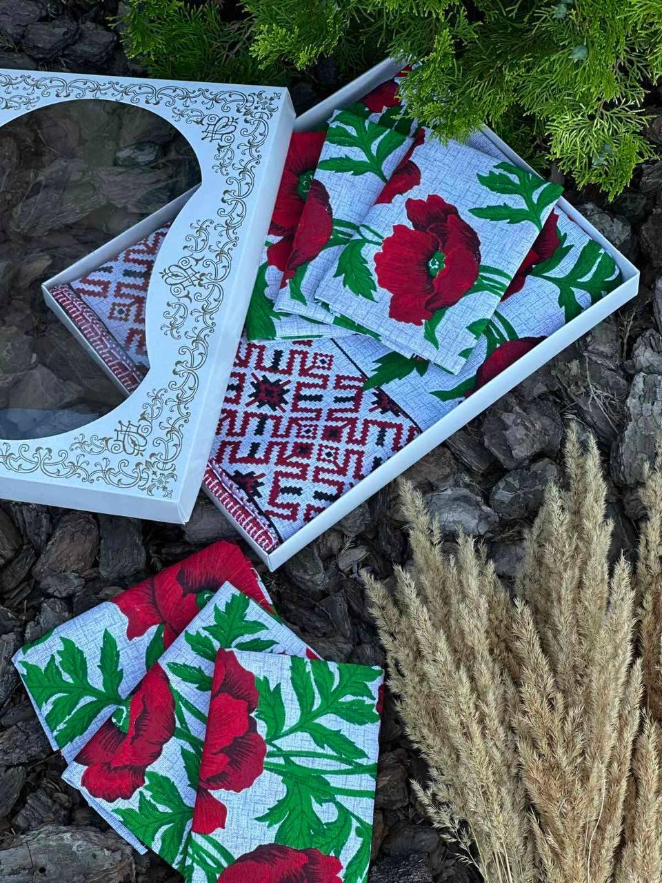 Скатерть 150х220 см с полотенцами 6 шт. 35х70 см Белый Маки (Д-Al-nabir-lyon-0043-02)