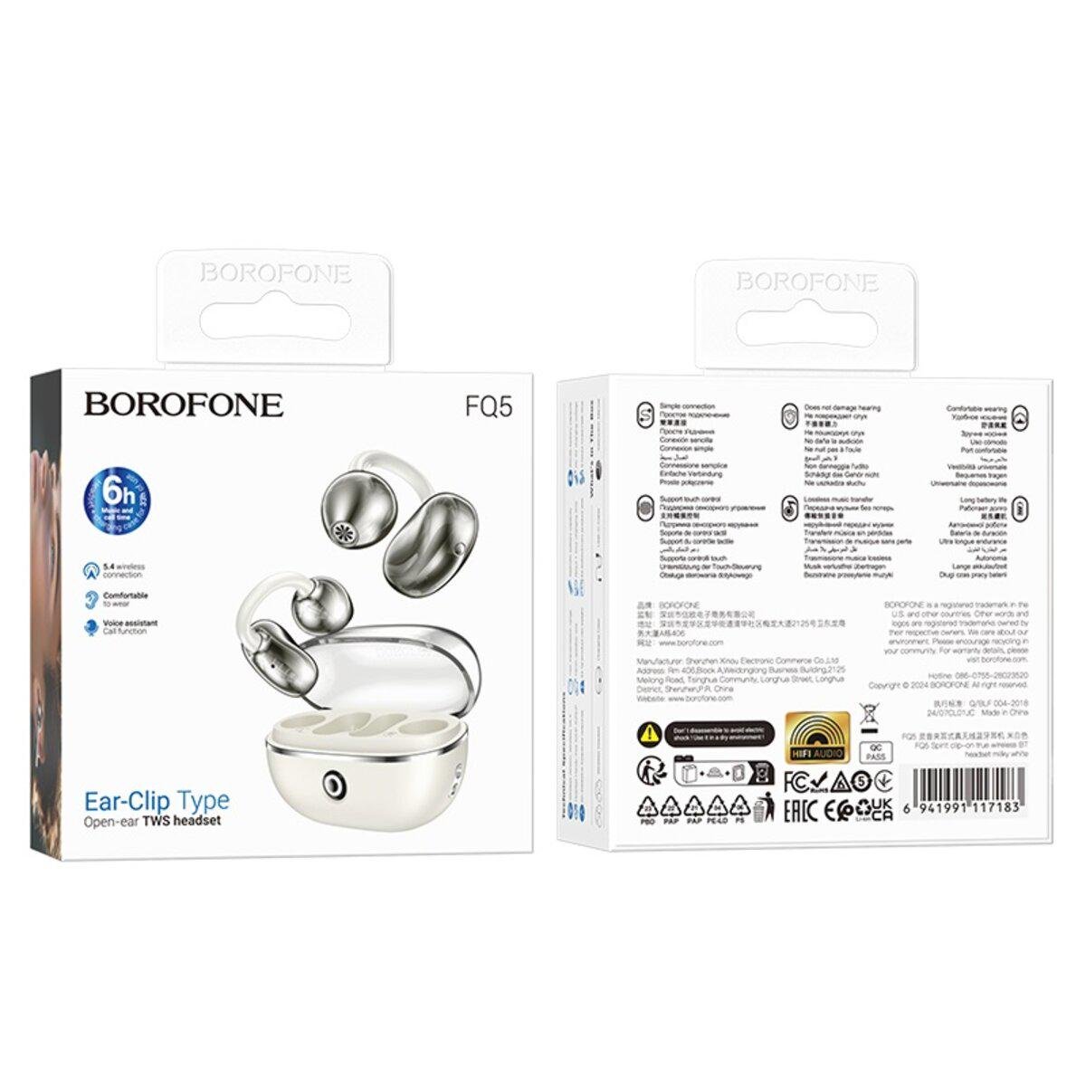Навушники бездротові Borofone FQ5 Spirit clip-on True Wireless BT5.4 Headset 400 mAh Milky White (6941991117183) - фото 6 Навушники бездротові Borofone FQ5 Spirit clip-on True Wireless BT5.4 Headset 400 mAh Milky White (6941991117183) - фото 6
