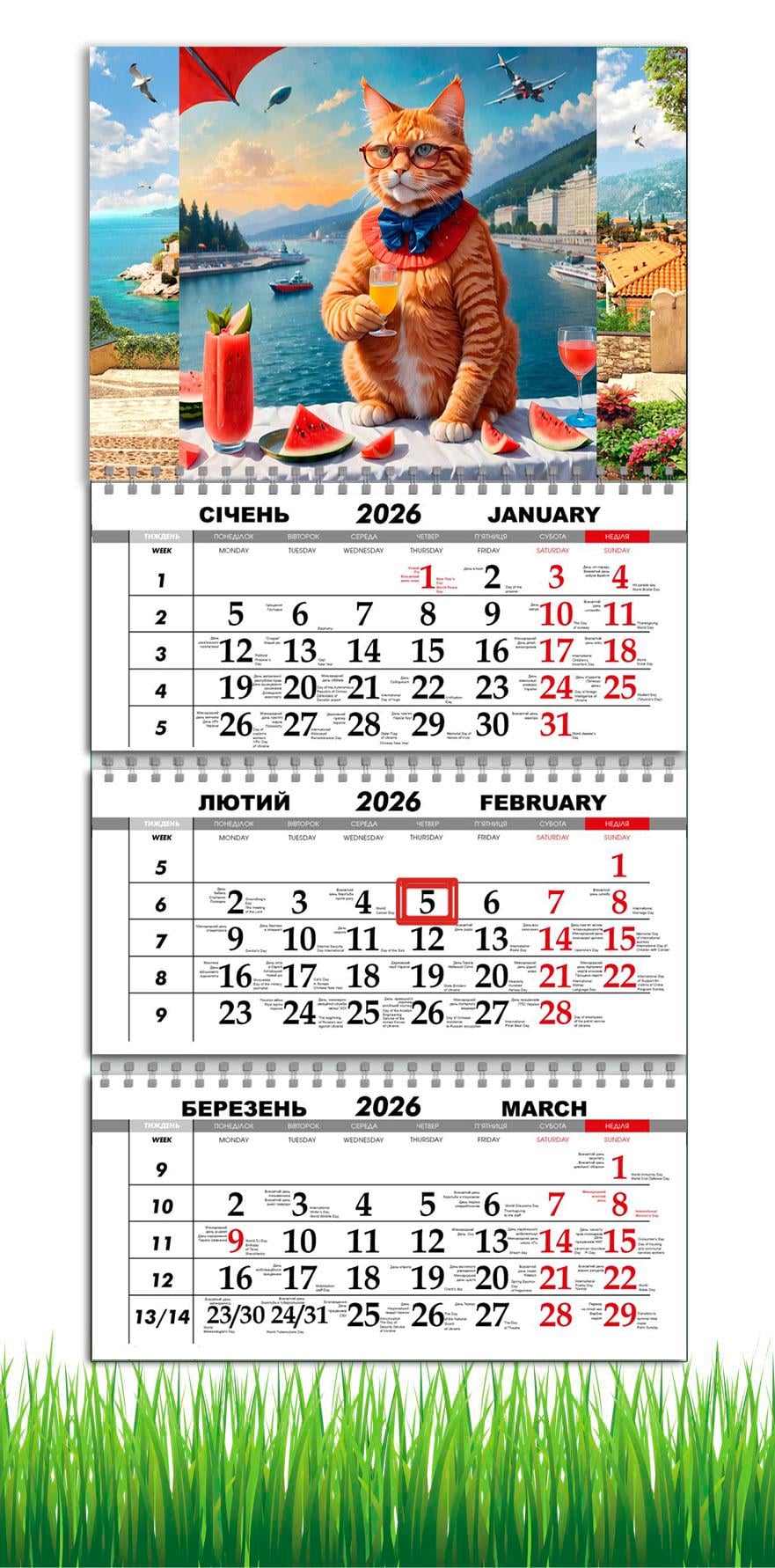 Календарь настенный квартальный на 2026 год APRIORI Рыжий Кот на 3 пружины 30х61 см (28859625)