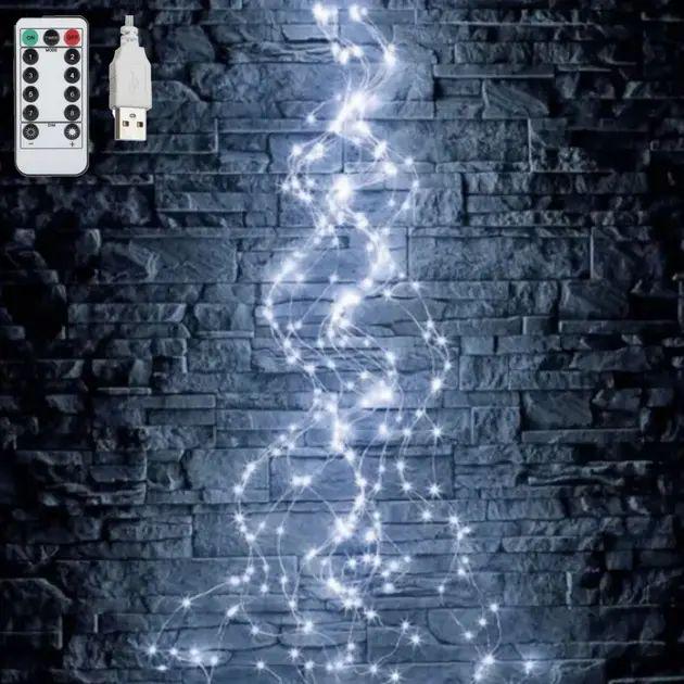 Гірлянда на ялинку Кінський хвіст 2 м 10 ниток USB 8 режимів з холодно-білим світінням з мідним дротом (opt-105148)