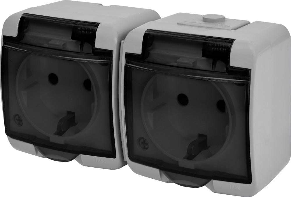 Розетка зовнішня подвійна ETI RHE-2sd-SR із заземленням/прозорою кришкою IP54 Сірий (4668073)