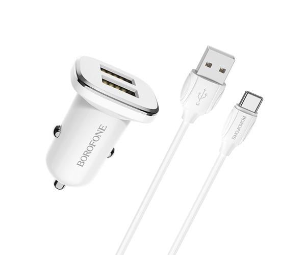Зарядний пристрій автомобільний Borofone BZ12 2USB 2,4A кабель Type-C 2,4A White