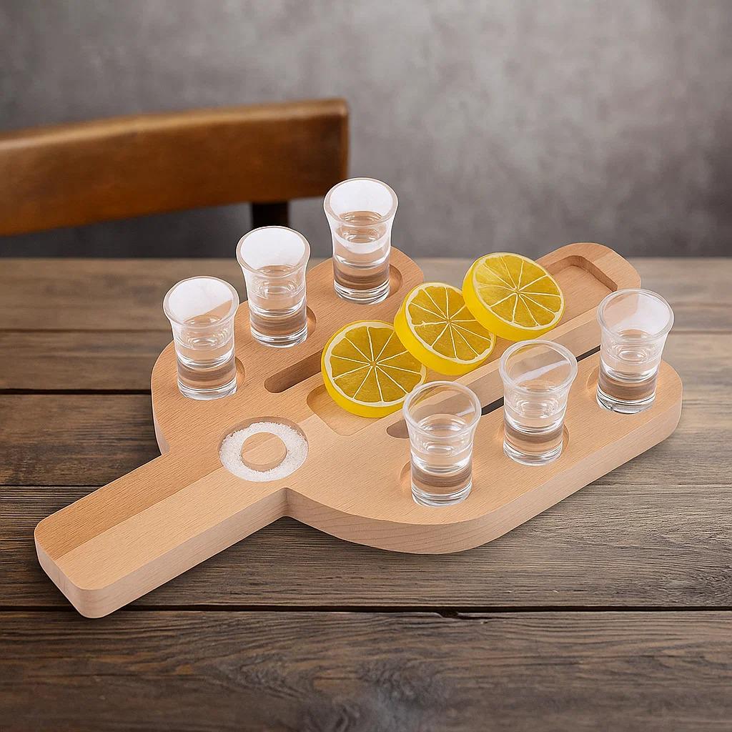 Піднос дерев'яний для текіли та сервірування у формі кактуса на 6 чарок