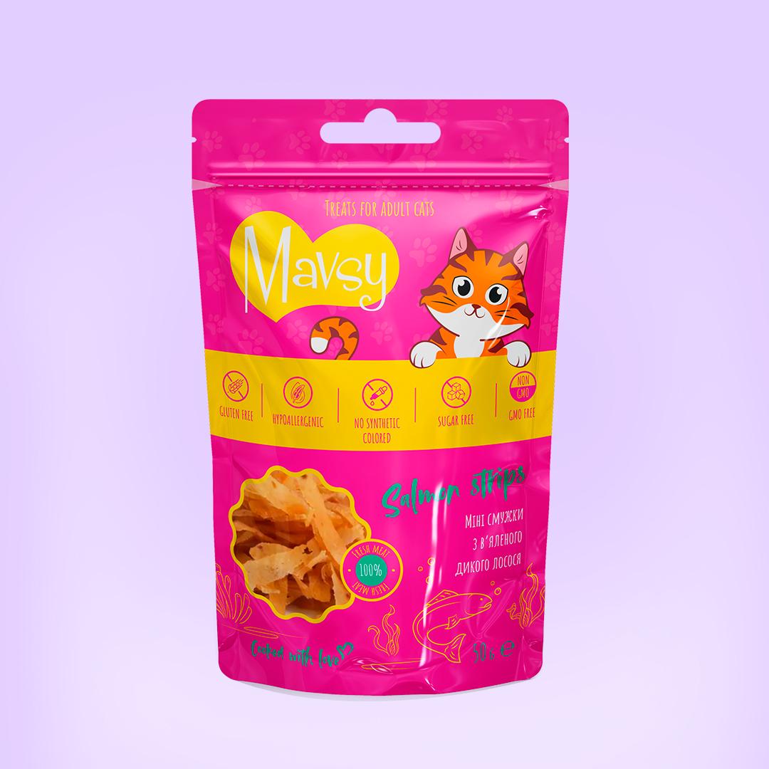 Ласощі для котів Mavsy Salmon strips for cats Міні смужки з в'яленого дикого лосося 50 г (13501991) - фото 2