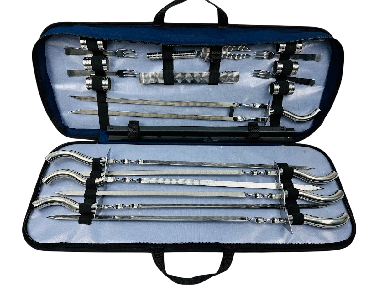 Подарочный набор шампуров Планшет Делюкс с аксессуарами для пикника на 22 предмета из нержавеющей стали в чехле 70х28х5 см Черный (124-10-NB-2238)