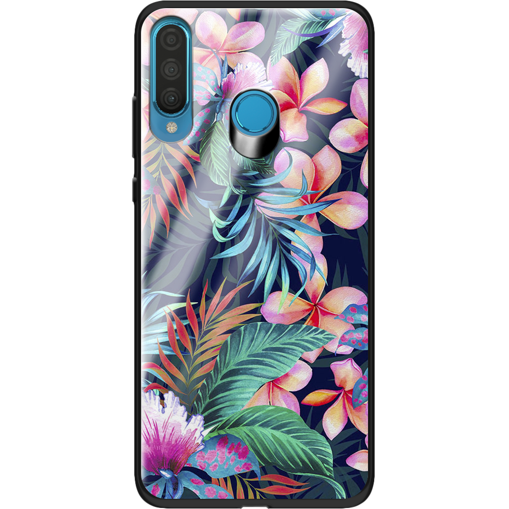 Чехол Boxface Huawei P30 Lite flowers in the tropics Черный силикон со стеклом (36871-up1971-37728)