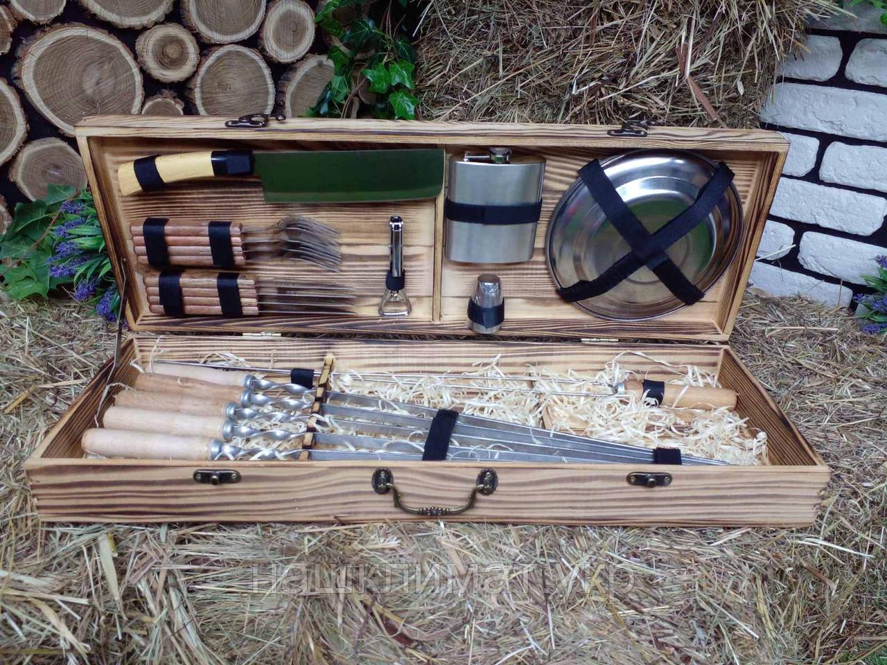 Набор шампуров для мяса с комплектом аксессуаров в деревянном кейсе 600х10х3 мм 6 шт. (12318606)