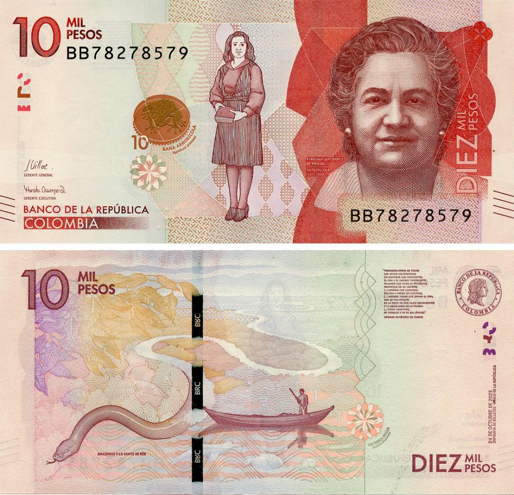 Коллекционная банкнота Колумбия 10000 песо 2023 UNC Река Амазонка Змея P460 (Б25073)