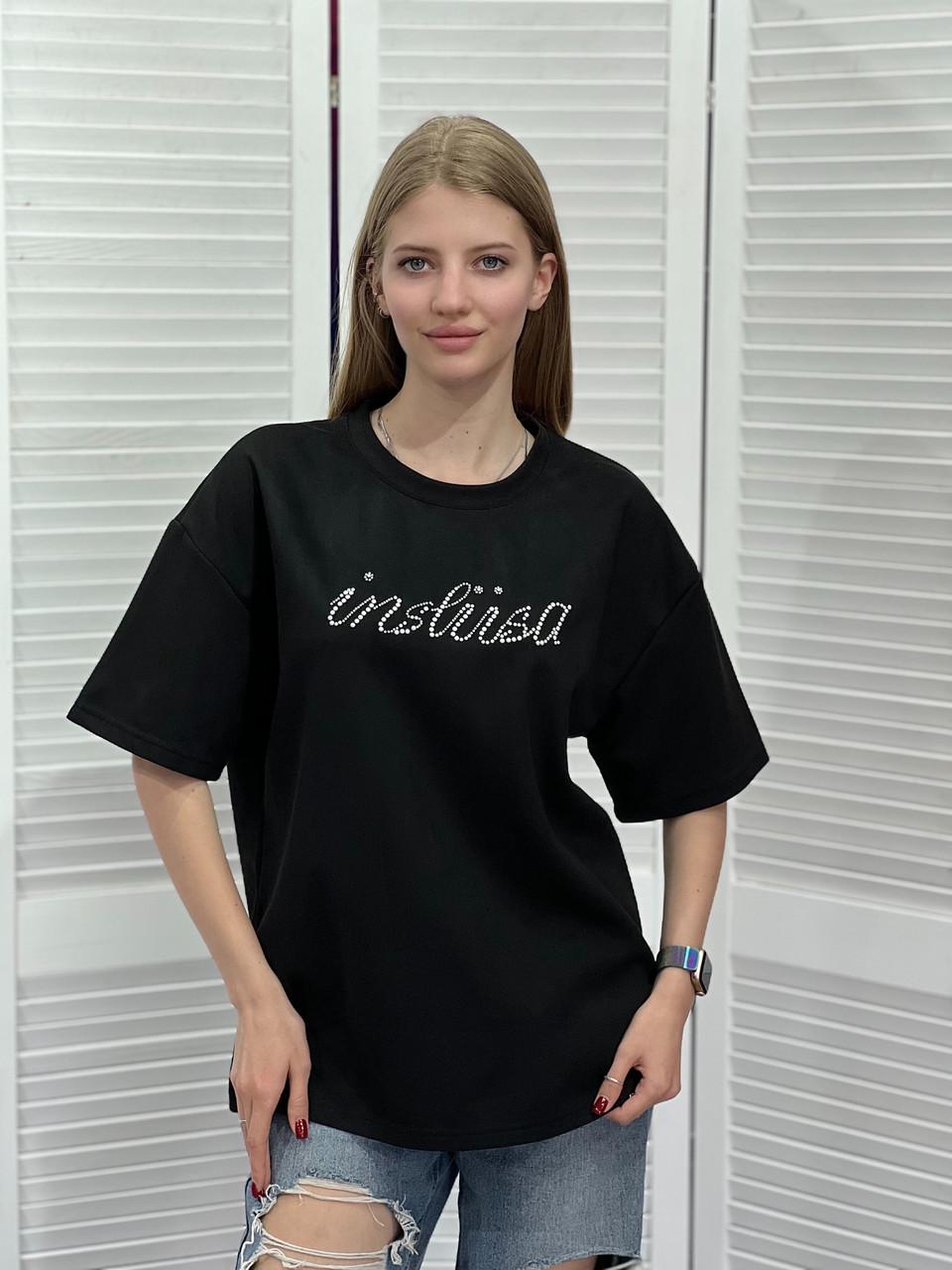 Футболка женская с блестящим принтом inslisa OS Черный (#25022) - фото 2 Футболка женская с блестящим принтом inslisa OS Черный (#25022) - фото 2
