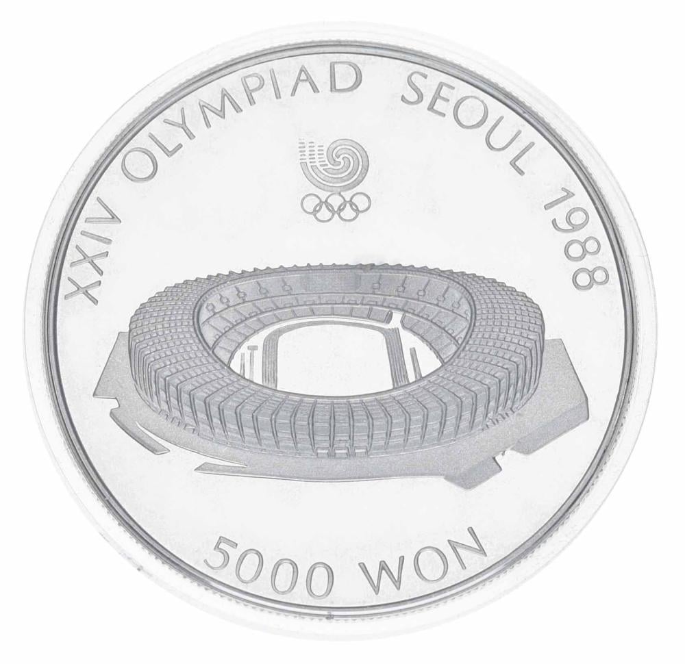 Коллекционная монета Южная Корея 5000 вон 1987 Серебро Proof XXIV летние Олимпийские игры в р. Сеул 1988 Олимпийский стадион (М23346)
