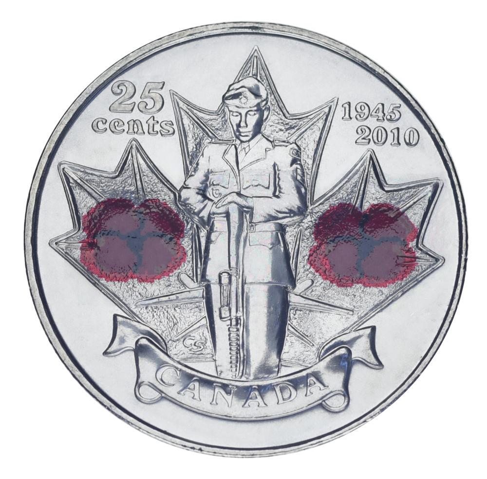 Коллекционная монета Канада 25 центов 2010 UNC 35 лет Победы во Второй мировой цветной войне (М25155)