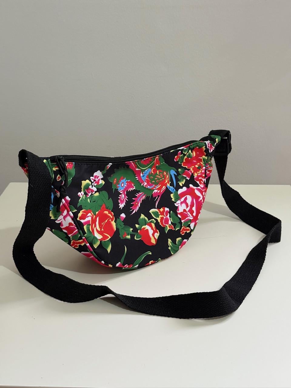 Песная женская сумка с украинским цветочным орнаментом с регулируемым ремнем Черный (С010)