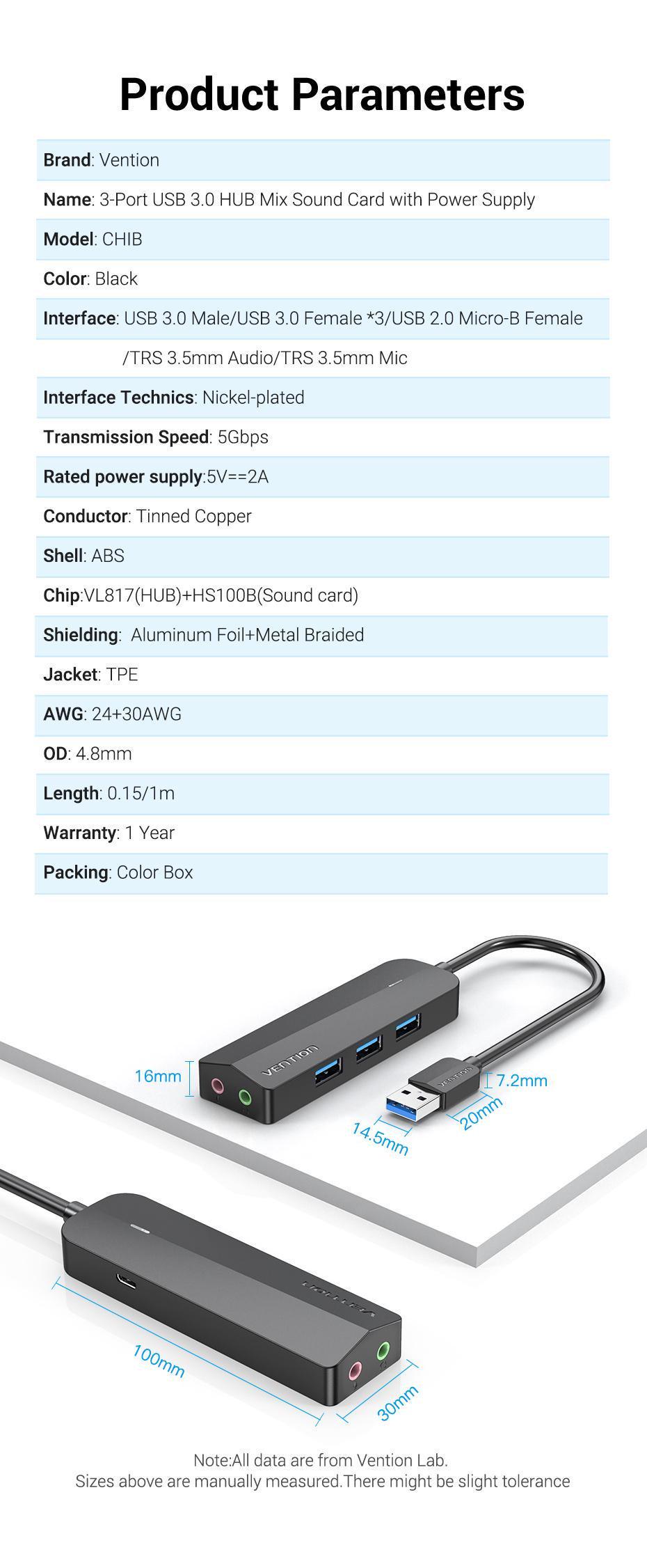 USB-хаб Vention зі звуковою картою USB-3x USB 3.0/2x 3,5 мм minijack/micro-USB додаткове живленя 5 Гбіт/с USB-A 1 м Чорний (CHIBF) - фото 7 USB-хаб Vention зі звуковою картою USB-3x USB 3.0/2x 3,5 мм minijack/micro-USB додаткове живленя 5 Гбіт/с USB-A 1 м Чорний (CHIBF) - фото 7