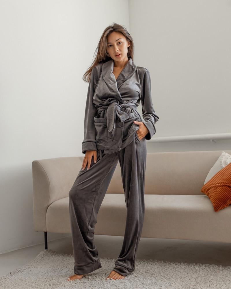 Піжама на запах велюрова р. 44 Сірий (5004) - фото 4 Піжама на запах велюрова р. 44 Сірий (5004) - фото 4