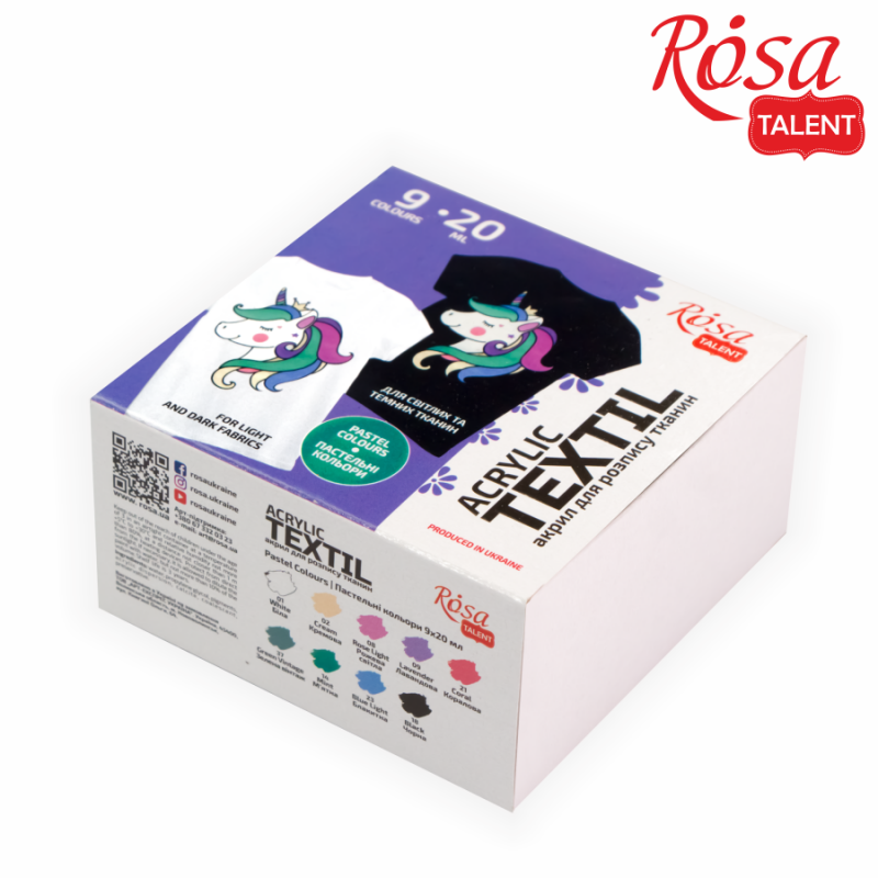 Краска по ткани в наборе ROSA Talent Unicorn 9 цветов Пастельные цвета по 20 мл (13420212) Краска по ткани в наборе ROSA Talent Unicorn 9 цветов Пастельные цвета по 20 мл (13420212)