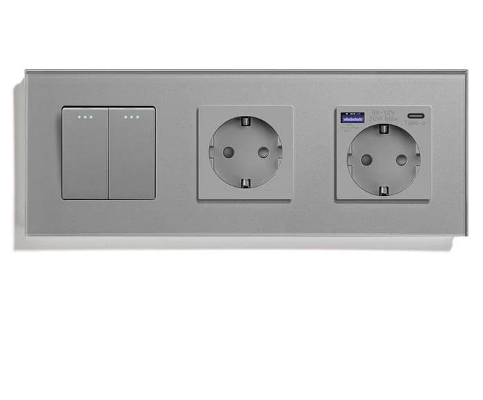 Выключатель перекрестный LUXION 2-клавишный с розеткой USB A+C 20Вт с заземлением стекло Серый
