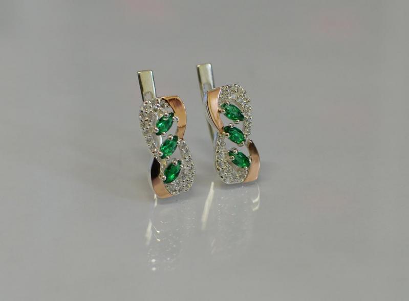 Серебряные серьги Sil с золотыми пластинами 120s-1 Зеленый (Sil-799)