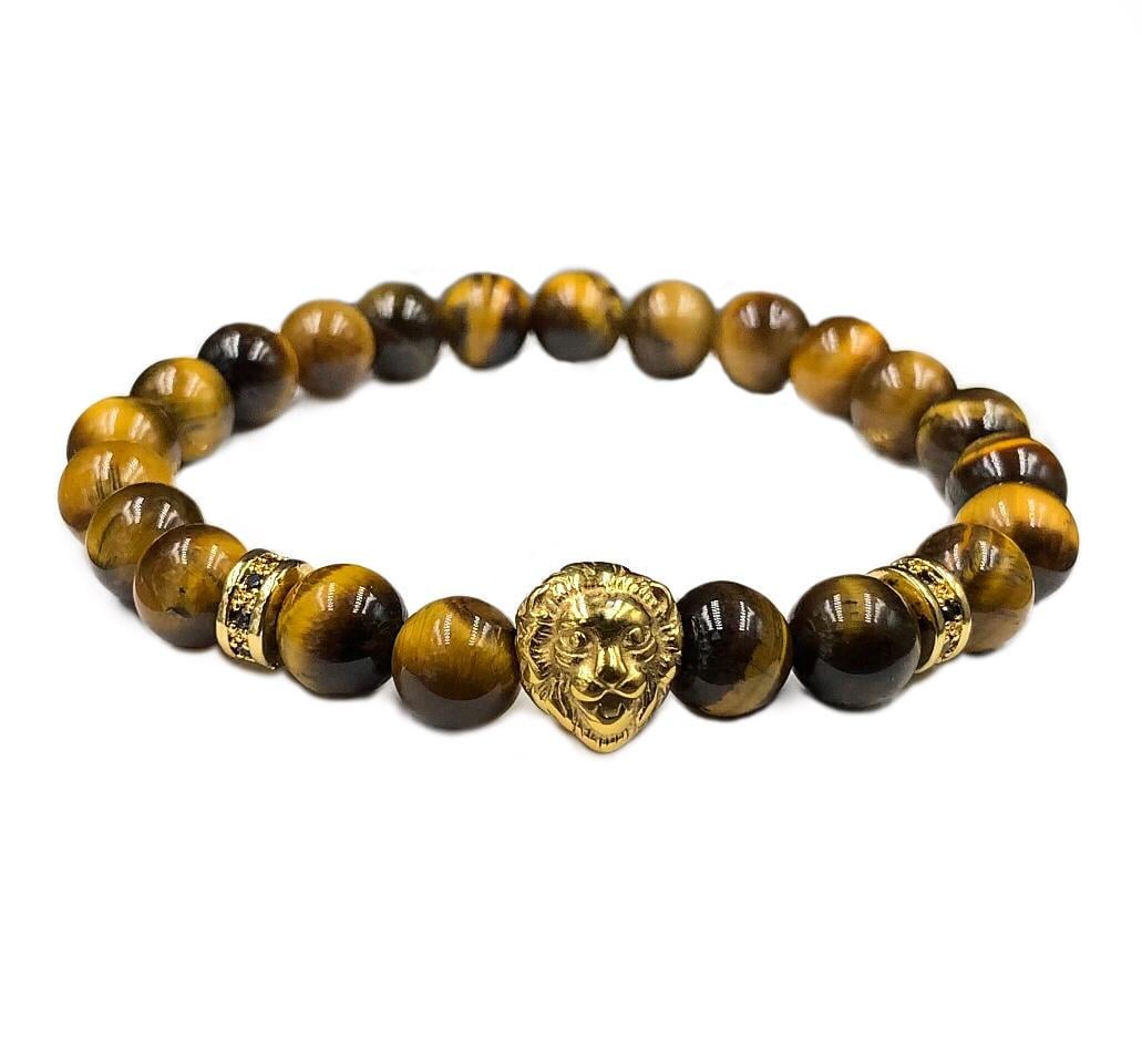 Браслет из тигрового глаза со львом и дисками р. 15 Коричневый/Золотой (50039)