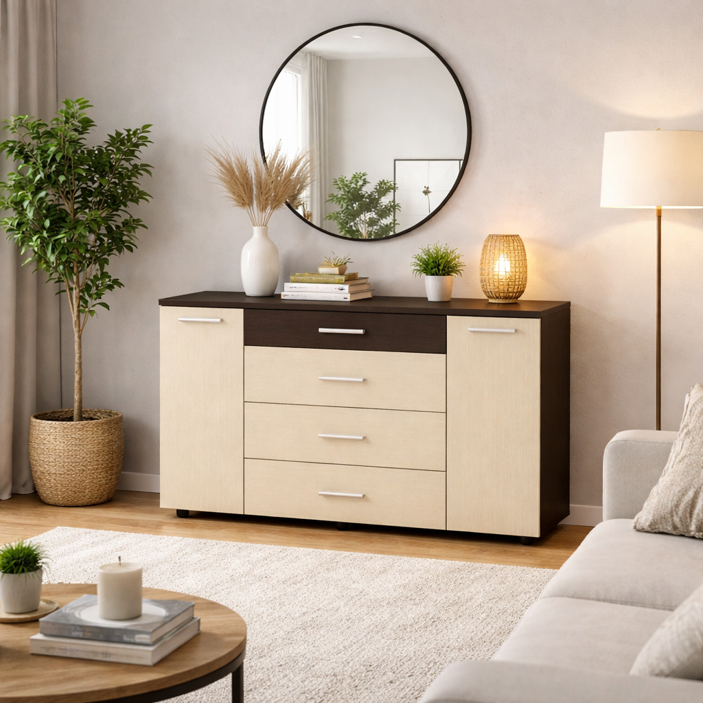 Комод V-Star R2 с центральными ящиками и боковыми полками 730х1300х380 мм Венге комби (33553619)