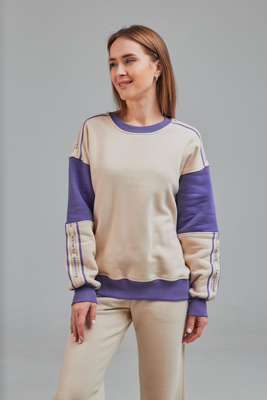 Свитшот женский с надписью Fashion M Бежевый/Фиолетовый (М145.4)