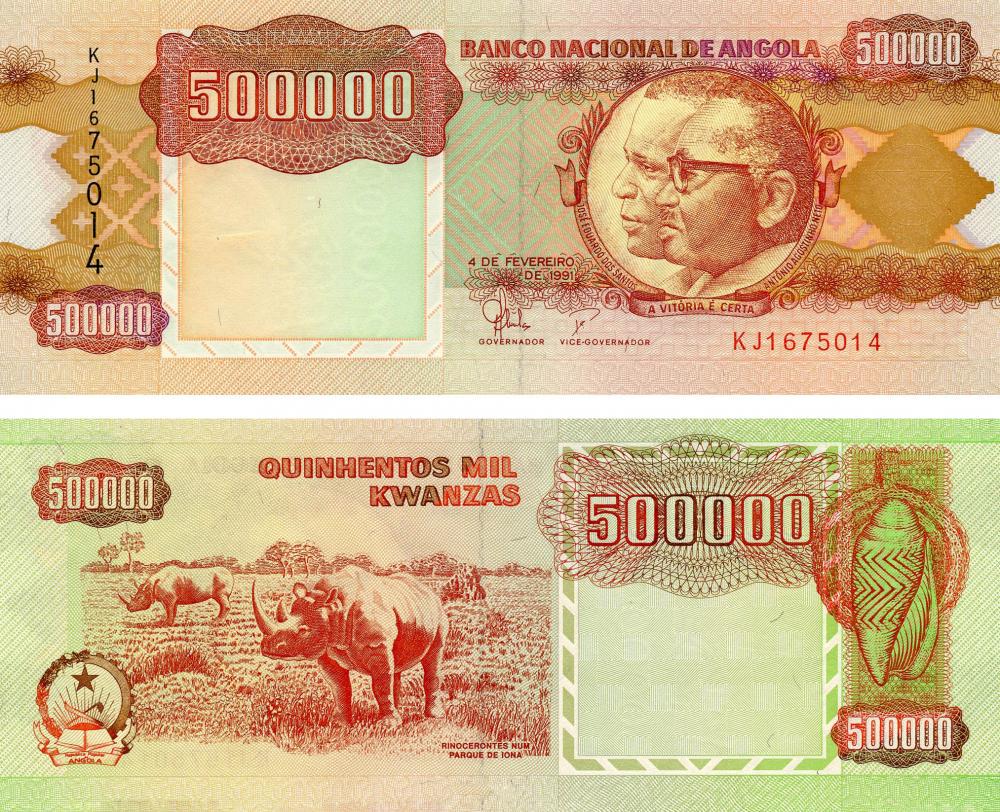 Коллекционная банкнота Ангола 500000 кванза 1991 UNC Носорог P134 (Б13314)