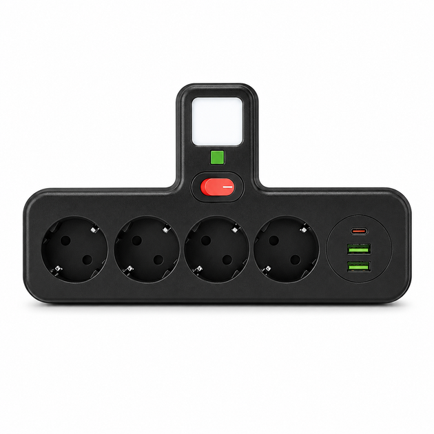 Сетевой разветвитель PNS-04 с ночником с заземлением 4 розетки 2 USB и 1 PD Type-C LED-индикация Черный (147-14-17723)
