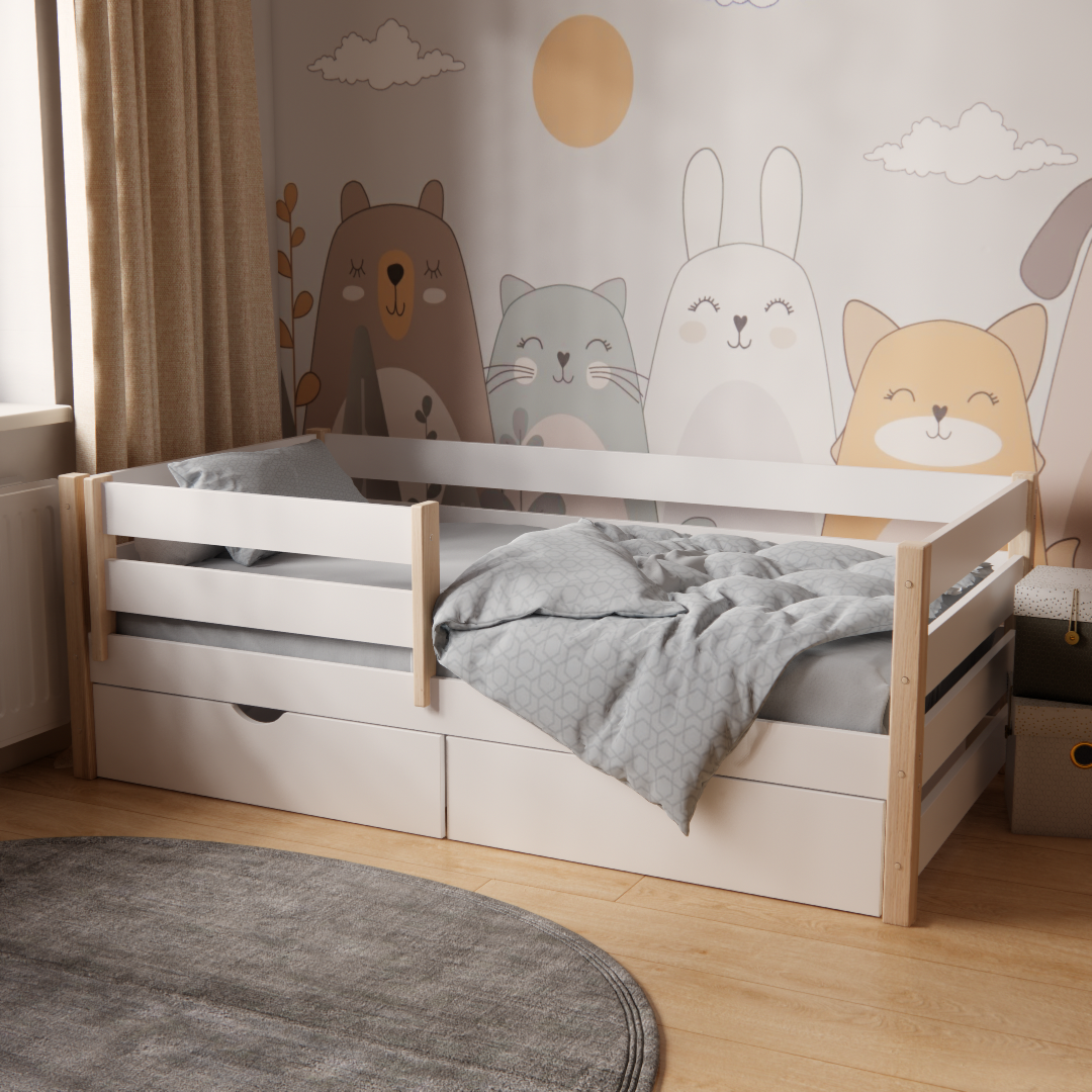 Кровать детская Лира с бортиками и ящиками для детей 3-7 лет из массива ясеня и ЛДСП 160х80 см Белый Кровать детская Лира с бортиками и ящиками для детей 3-7 лет из массива ясеня и ЛДСП 160х80 см Белый