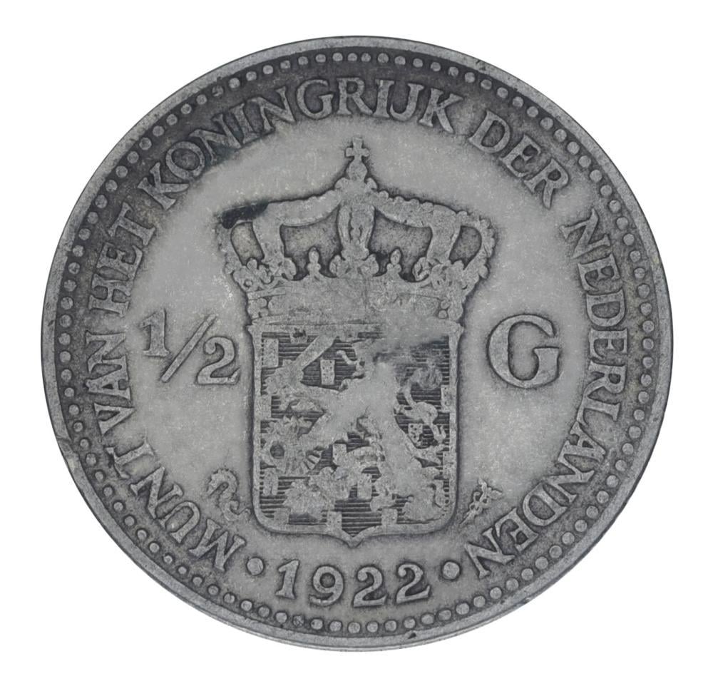 Коллекционная монета Нидерланды 1/2 гульдена 1922 серебро F-VF Ag 720 5 гов (М22125)