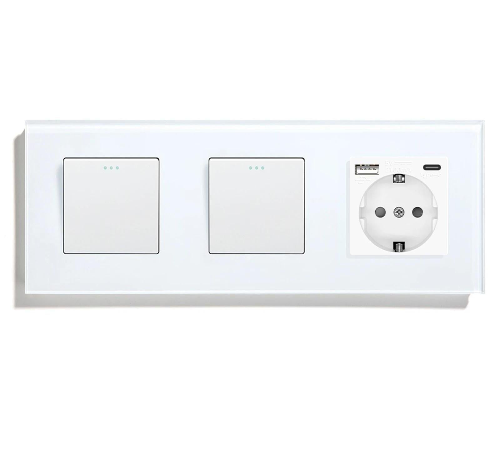 Выключатель универсальный LUXION проходной 2-клавишный 1-1 с розеткой USB A+C 20Вт с заземлением 16А 230 В Белый