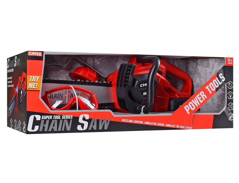 Игрушечная бензопила с очками и наушниками KY1068-19 звук и свет 47 см Красный