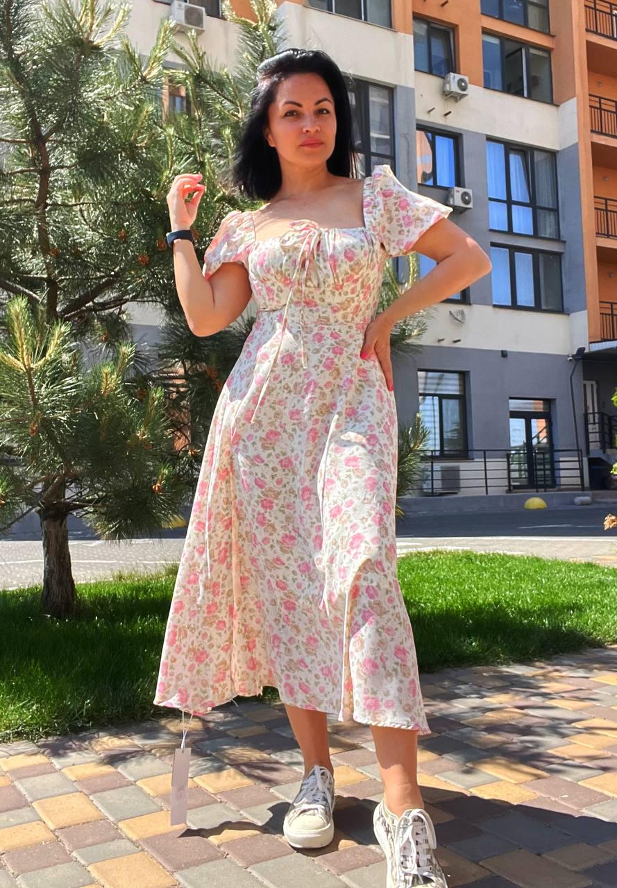 Платье женское летнее A-N 2669 цветочный принт разрез шнурок на груди длинное M Розовый (2042) - фото 3 Платье женское летнее A-N 2669 цветочный принт разрез шнурок на груди длинное M Розовый (2042) - фото 3