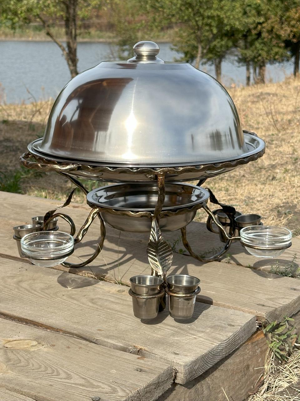 Садж для підігріву шашлика з соусницями і стопками 36 см та щипці