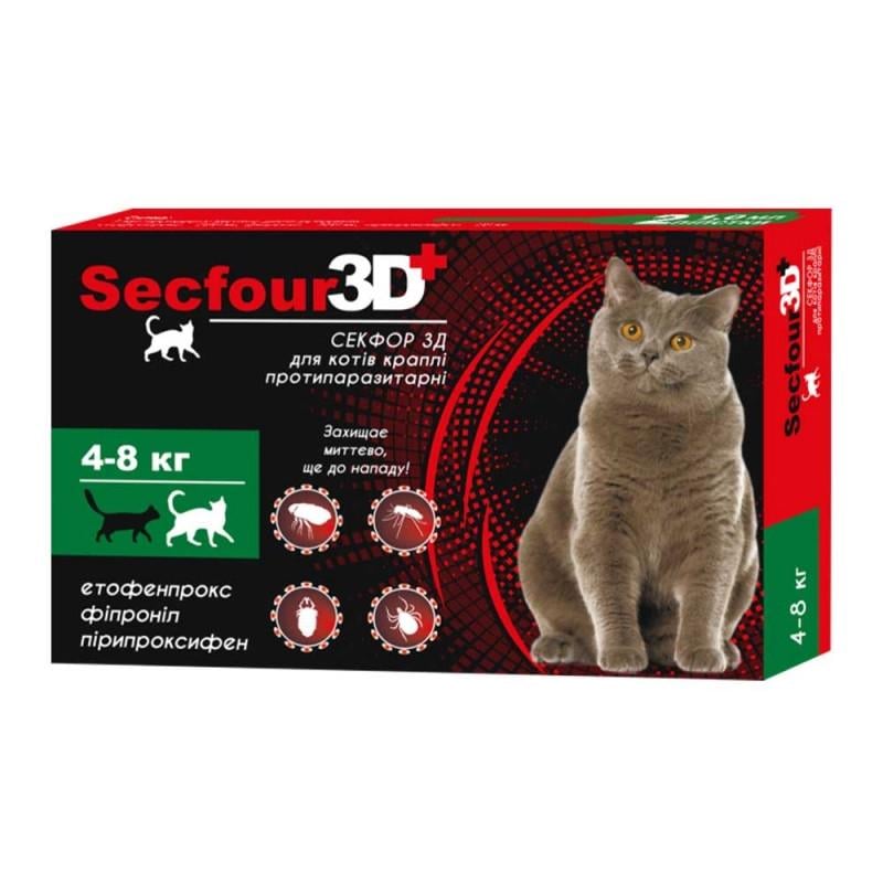 Капли на холке Secfour 3D от блох и клещей для кошек весом 4-8 кг 2 шт. (34068522)
