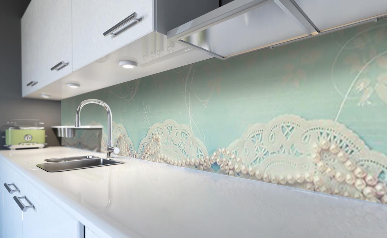 Кухонный фартук Кружево и жемчуг из самоклеющейся виниловой пленки 60х250 см Голубой