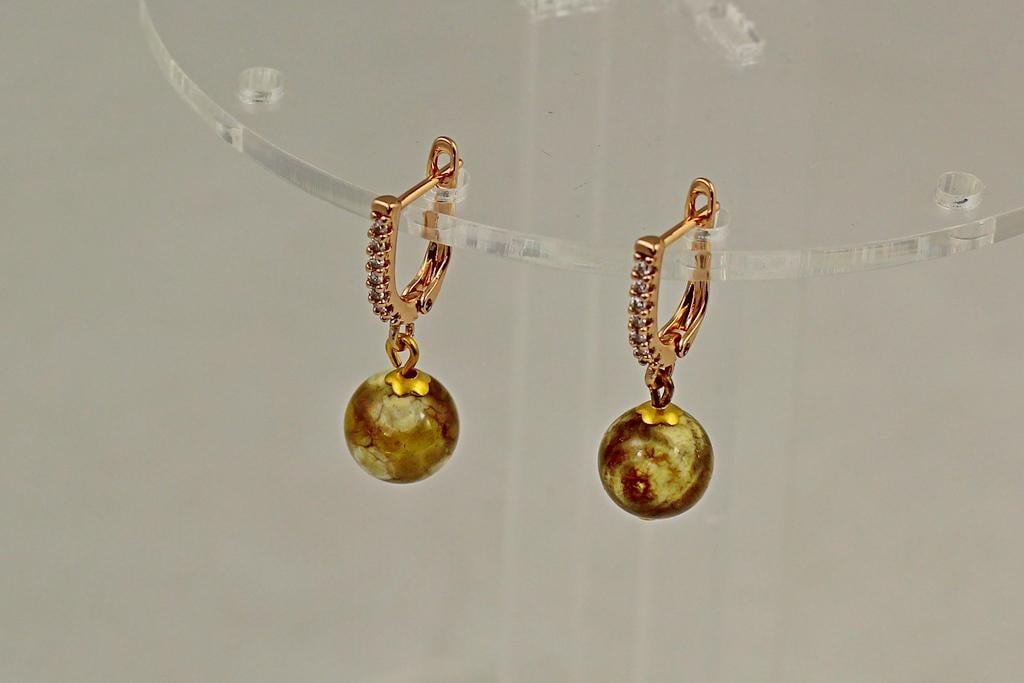 Серьги подвески шарики медовый агат 2,9 см 10 мм Золотистый (33995722)