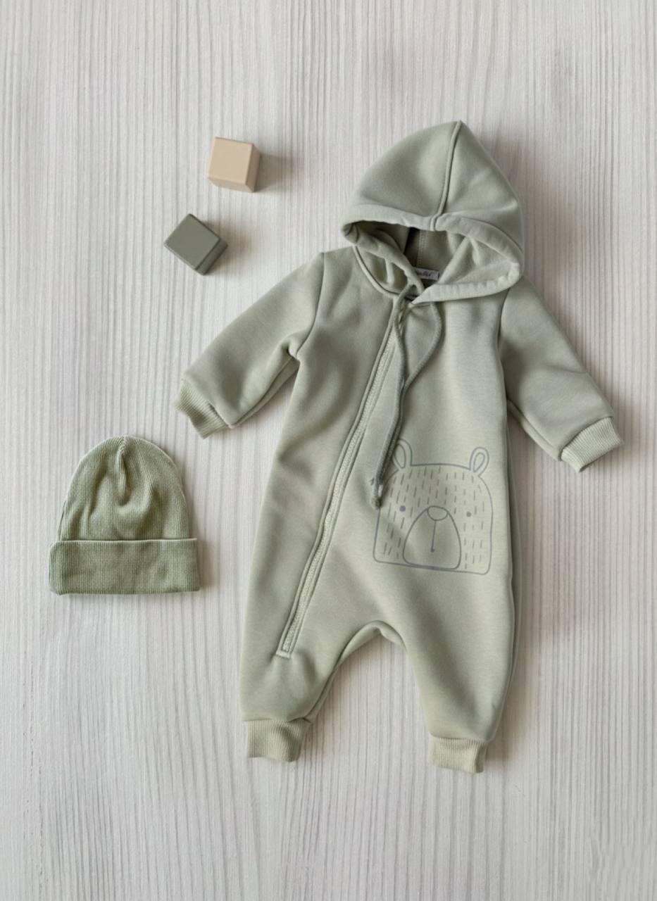Комбинезон утепленный ромпер с шапочкой DreamKid 56 см Оливковый